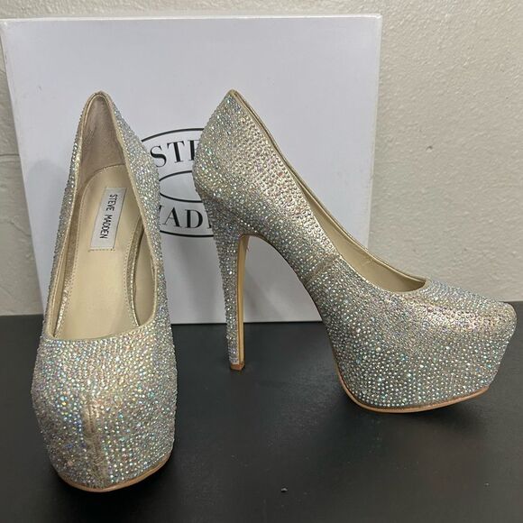 Steve Madden DEEVAA Champagne Glittery platform heels Size 9 - Picture 1 of 8
